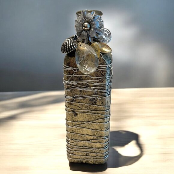 PIER 1 Wire Wrapped Decorative Bottle Vase Gold and Silver Tones Metal Flowers - Picture 1 of 8